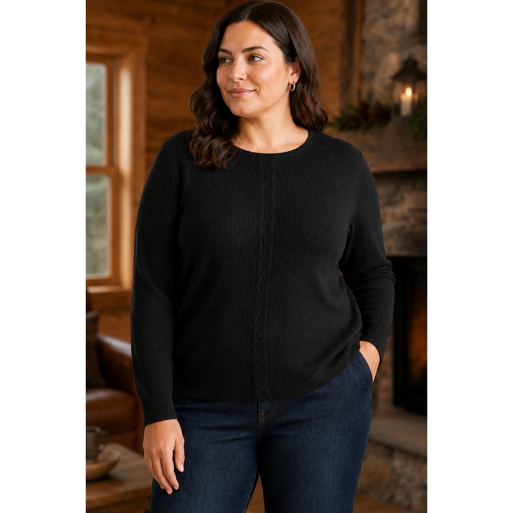 Preston & York Women XL Sweater Black 100% Merino Wool Ribbed Knit Cable Detail